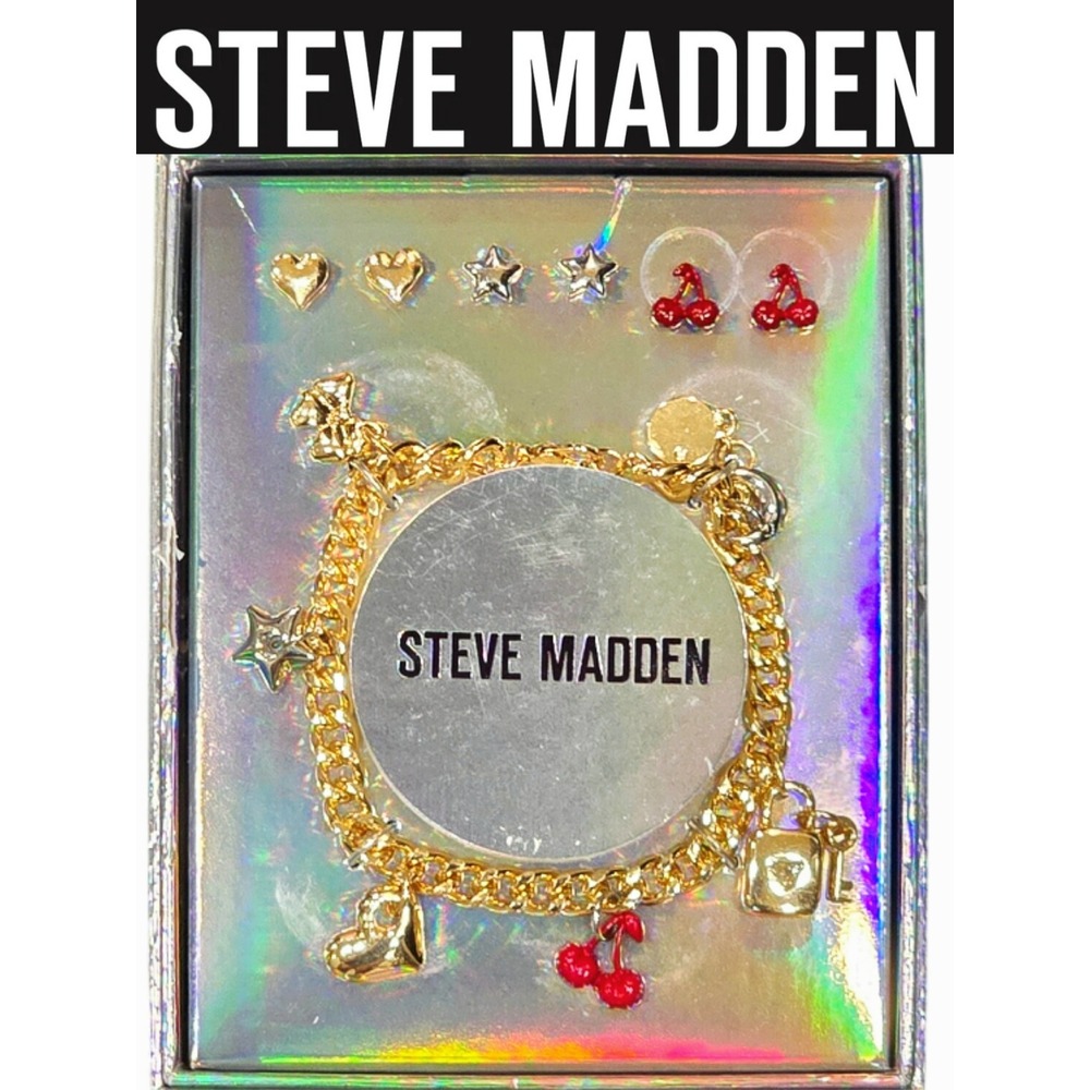 Steve Madden Cherry & Heart Charm Bracelet & 3-PC Earring Set